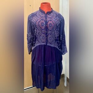 Johnny Was Navy Eyelet Embroidered Boho Tunic Dress
